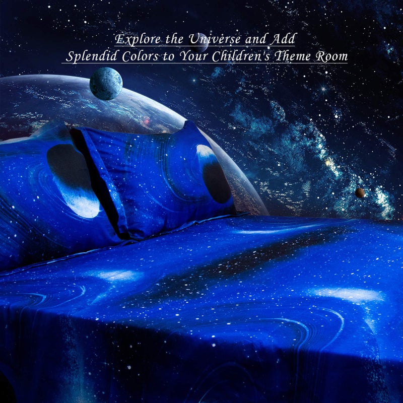 Bedlifes Galaxy Outer Space Sheet Set, Galaxy Themed, 3 pcs Including Flat Sheet, Fitted Sheet, and 1 Pillowcase (Light Blue Full) - Image 2